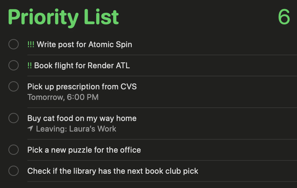 An example of a Priority List made with Apple Reminders